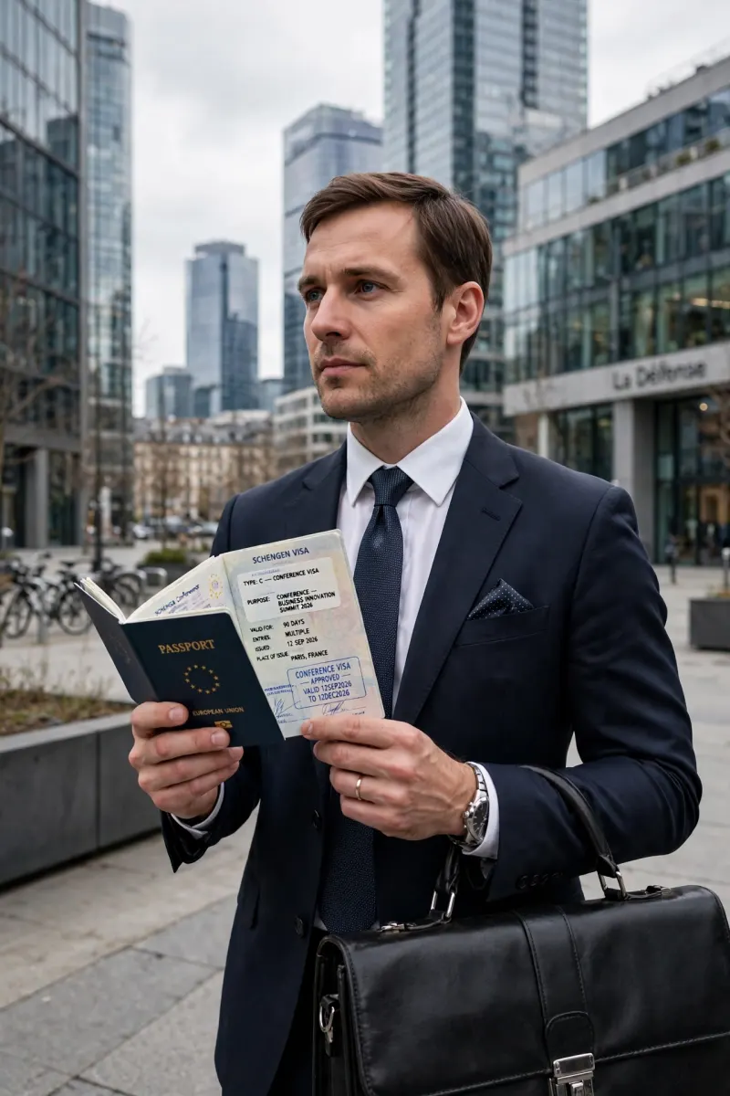A business traveller holding a passport with a Schengen visa