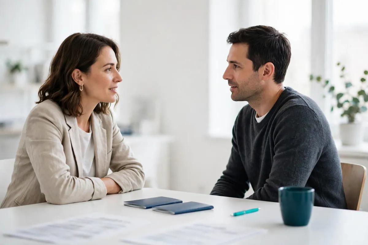 A consultant talking with a client at a table with passports and papers