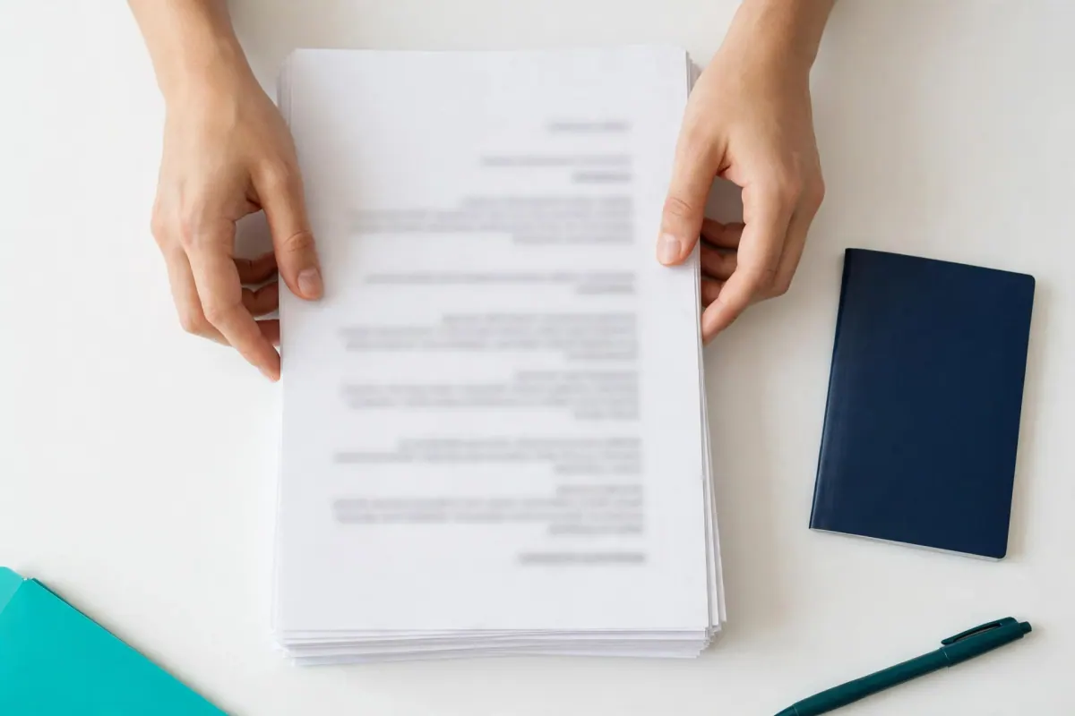 Hands arranging a stack of documents next to a passport and a folder