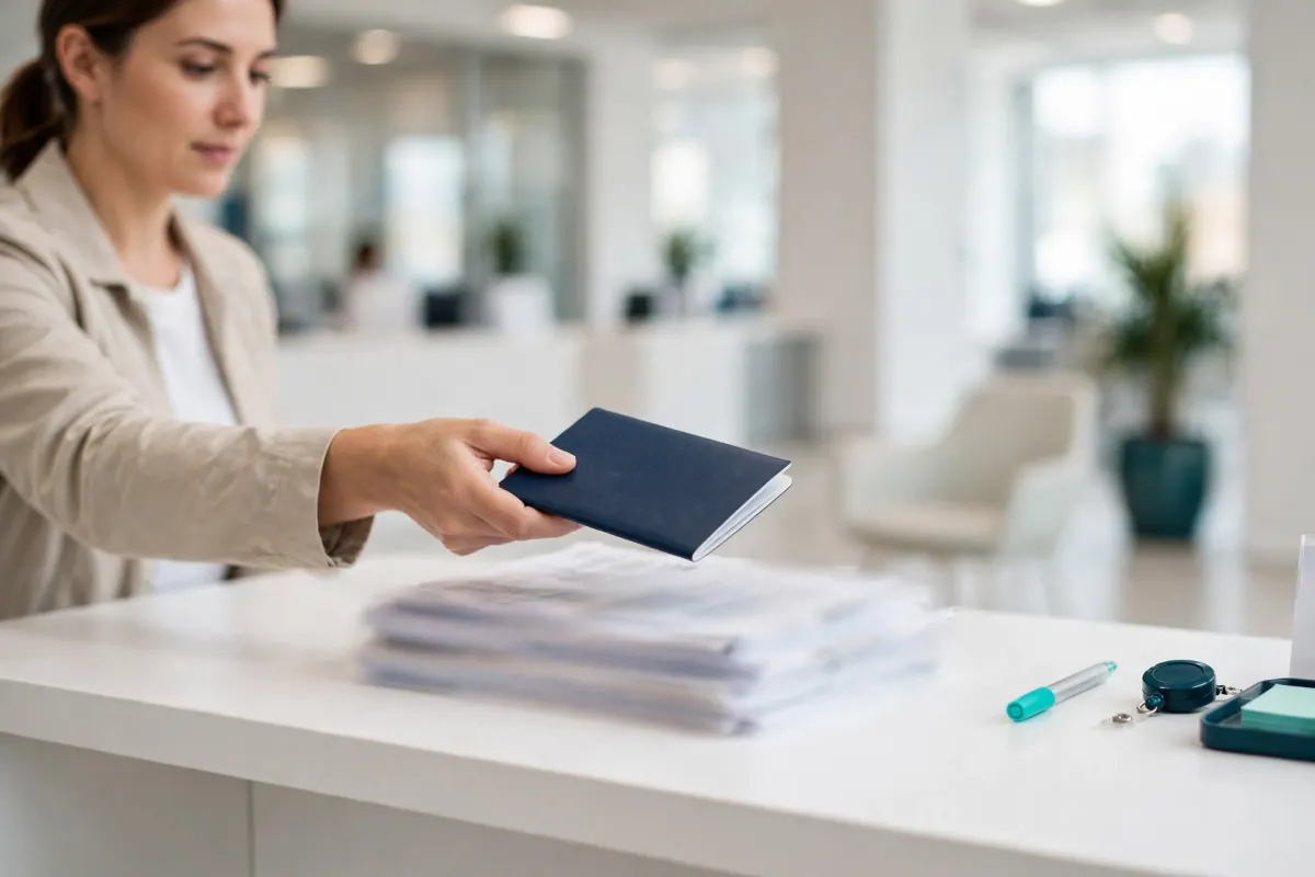A passport being handed over a service counter with a stack of documents