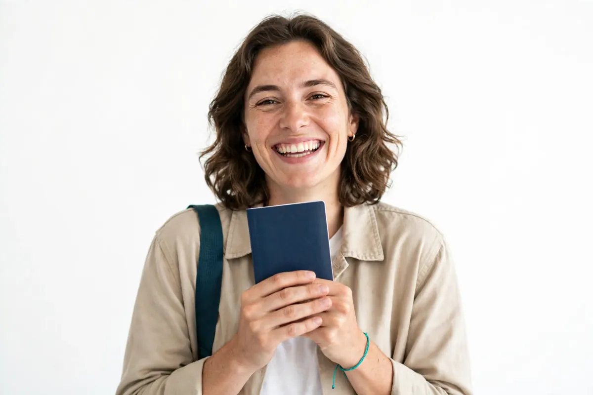 A smiling traveler holding a passport