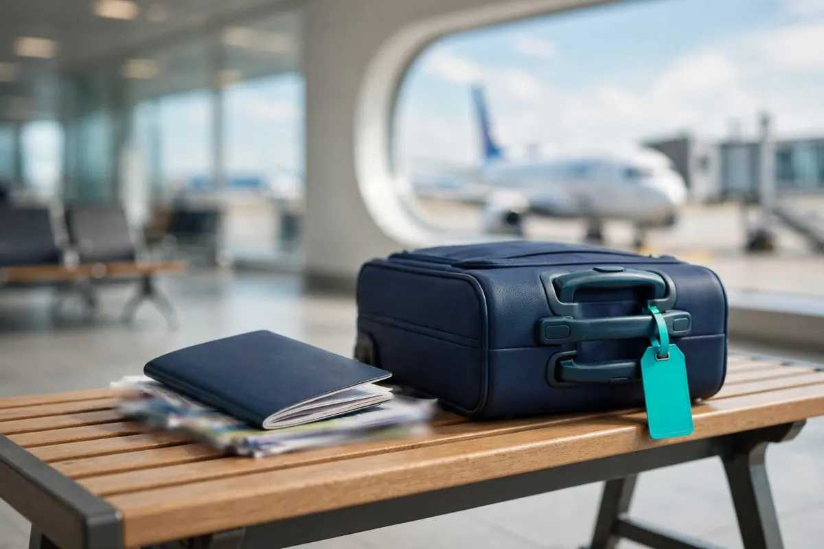 A suitcase and a passport on a bench at an airport with an airplane in the background