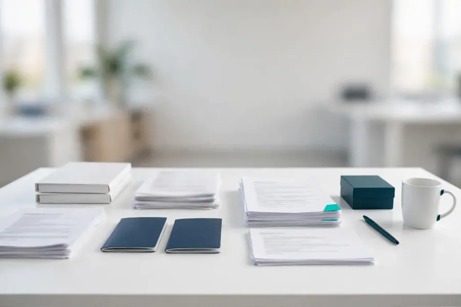 A tidy white desk with organized stacks of documents and passports