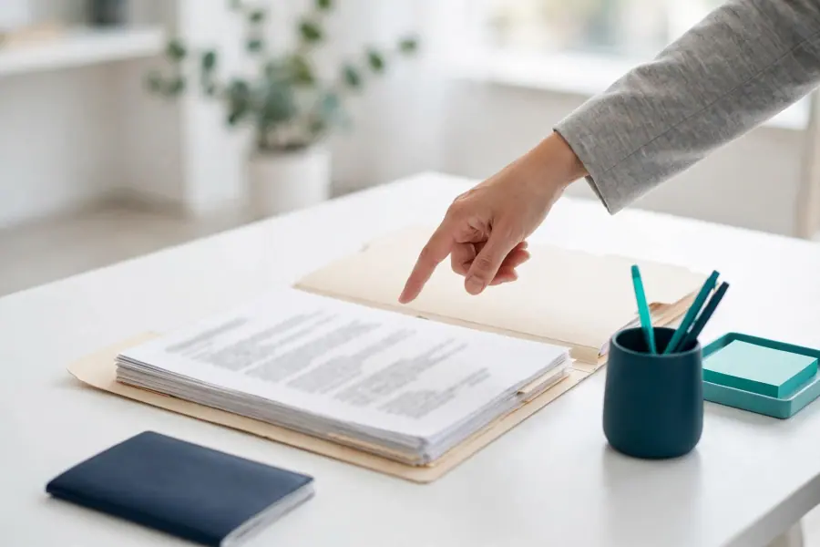 A hand pointing at documents in an open folder on a desk