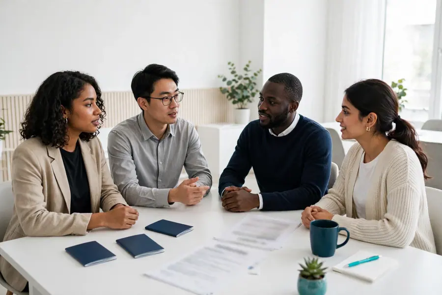 A team of professionals talking around a table with passports and papers