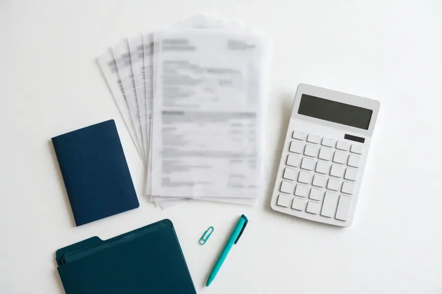 A calculator, documents, a passport and a folder on a white desk