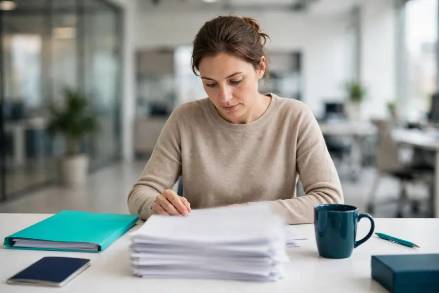 A woman carefully reviewing a stack of documents at her desk