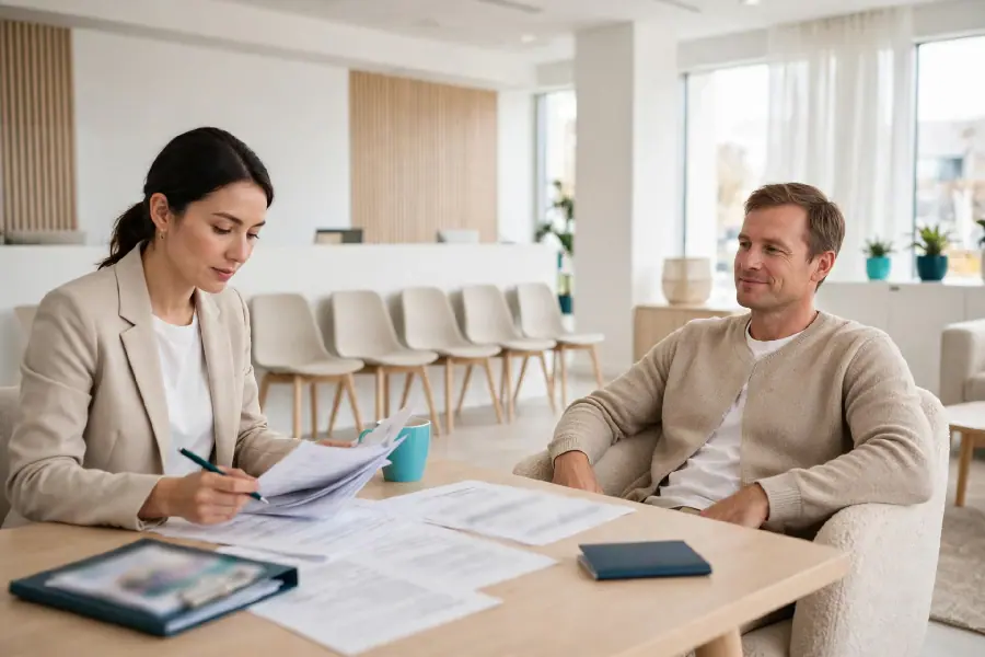 A consultant handling paperwork while the client waits comfortably in a bright office